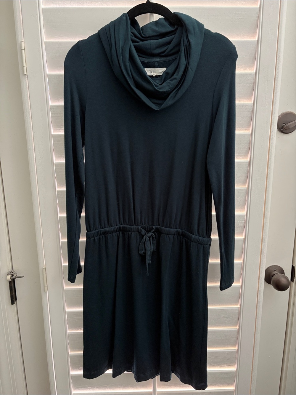 Lou & Grey Size XS Long-Sleeve Cowl Neck Drawstring Dress - Dark Teal